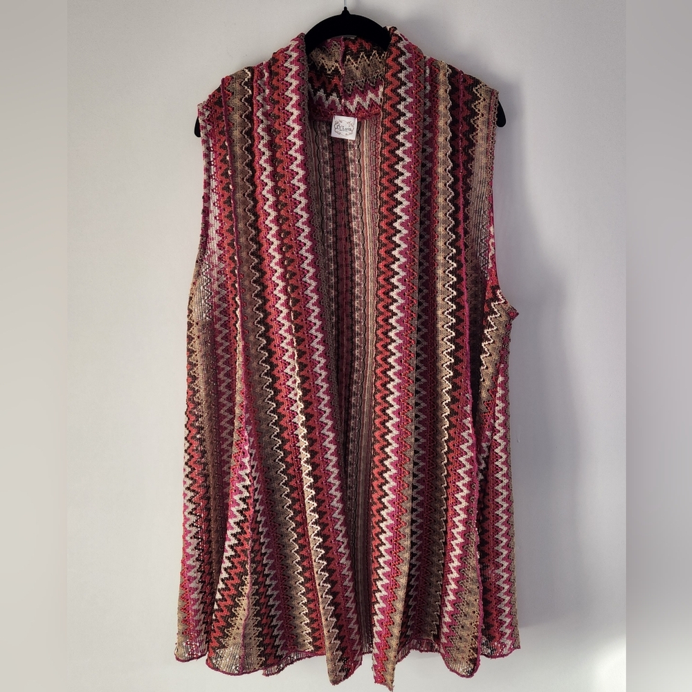 Et’ Lois Womens Art To Wear Sleeveless Open Front Cardigan Size L Chevron Boho